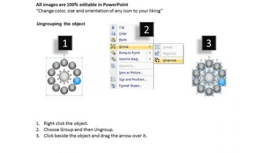 Nine Stages Diverging Factors Flow Chart Gear Circular Spoke PowerPoint Templates