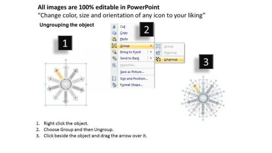Of Diverging 10 Stages Development Process Circular Flow Spoke Diagram PowerPoint Slides