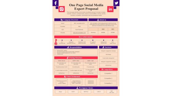 One Page Social Media Expert Proposal PDF Document PPT Template