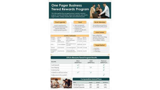 One Pager Business Tiered Rewards Program PDF Document PPT Template