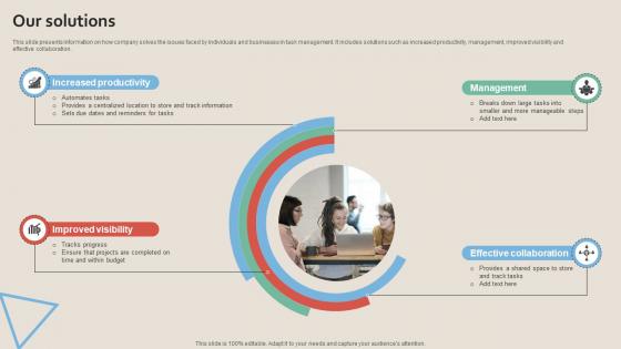 Our Solutions Work Management Tool Pitch Deck Our Solutions Work Management Tool Pitch Deck