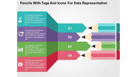 Pencils With Tags And Icons For Data Representation PowerPoint Template