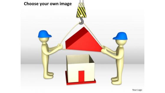 People Business 3d Builders Lowering Roof On A Hook Industrial PowerPoint Slides
