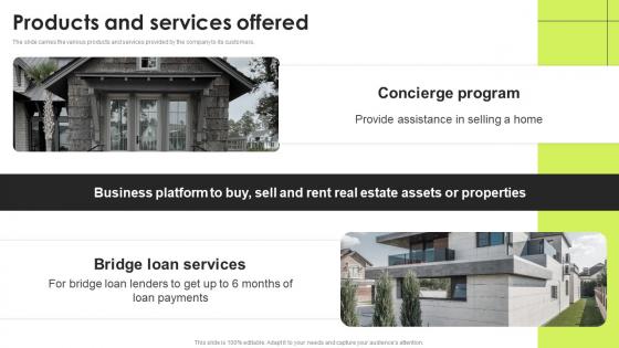 Products And Services Offered Real Estate Investment Funding Elevator Professional PDF