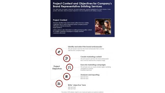 Project Context And Objectives For Companys Brand Representative One Pager Sample Example Document