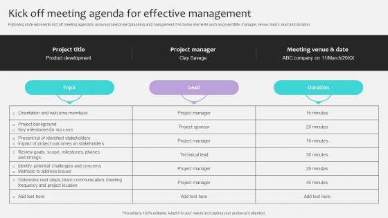 Project Stakeholders Management Kick Off Meeting Agenda For Effective Ppt Powerpoint