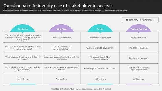 Project Stakeholders Management Questionnaire To Identify Role Of Ppt Powerpoint