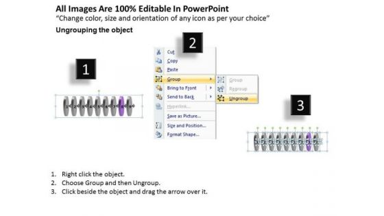 Rectilinear Flow 9 Circular Stages Production Chart PowerPoint Templates