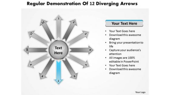 Regular Demonstration Of 12 Diverging Arrows Circular Spoke Network PowerPoint Slides