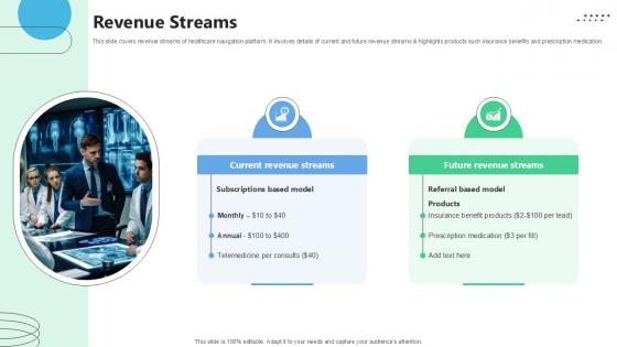 Revenue Streams Medical Benefits Navigation Platform Pitch Deck Ppt Template