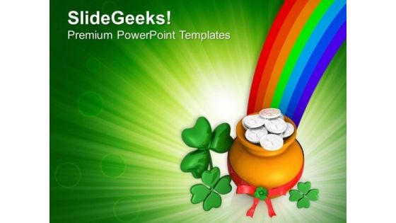 Round Pot Clover Leaf And Coins With Rainbow PowerPoint Templates Ppt Backgrounds For Slides 0313