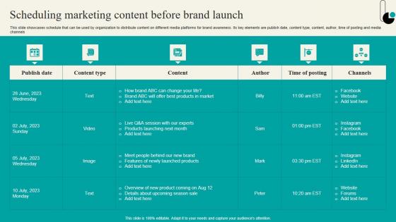 Scheduling Marketing Content Before Brand Launch Strategic Marketing Plan Summary PDF