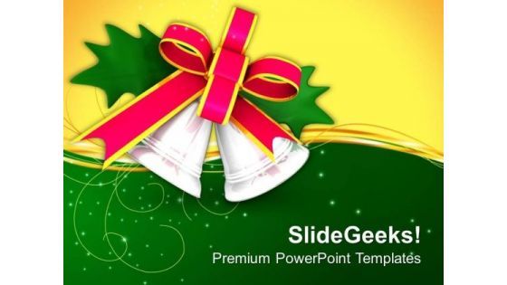 Silver Bells With Pink Bow And Green Leaf PowerPoint Templates Ppt Backgrounds For Slides 1212
