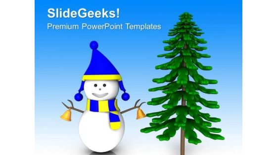 Slidegeeks Snowman In Blue Dress With Tree PowerPoint Templates Ppt Backgrounds For Slides 1212