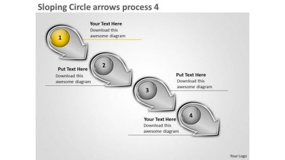 Sloping Circle Arrows Process 4 System Flow Charts PowerPoint Slides