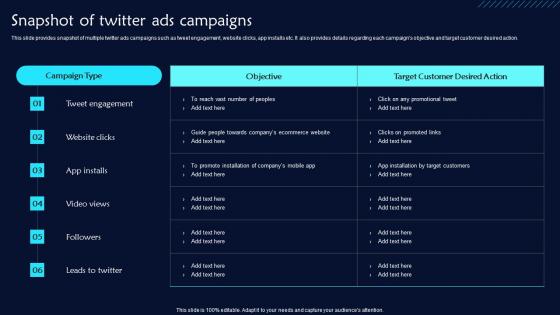 Snapshot Of Twitter Ads Campaigns Twitter Promotional Techniques Summary Pdf