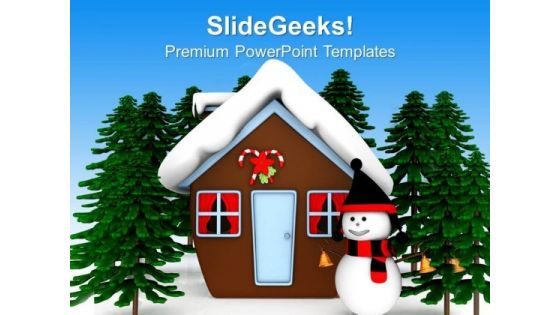 Snowman Standing Out Of The Hut Winter PowerPoint Templates Ppt Backgrounds For Slides 1212
