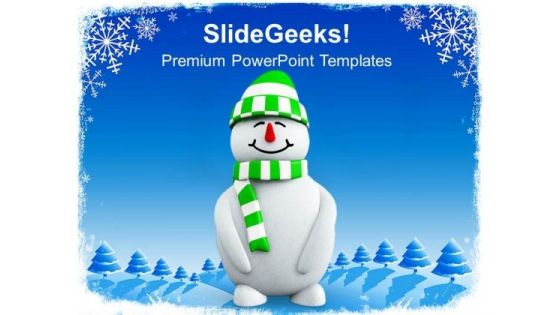 Snowman With Green Hat Christmas Cold Winter PowerPoint Templates Ppt Backgrounds For Slides 0113