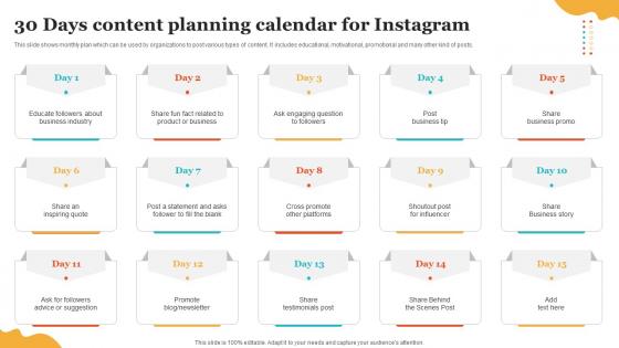 Social Media Marketing To Enhance 30 Days Content Planning Calendar For Instagram MKT SS V