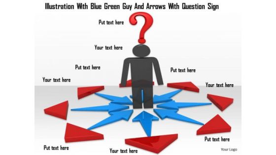 Stock Photo 3d Man Standing In Arrows With Question Mark PowerPoint Slide