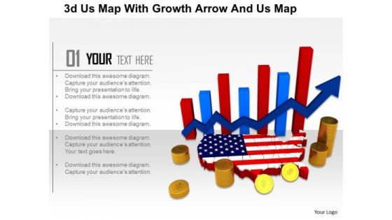 Stock Photo 3d Us Map With Growth Arrow And Us Map PowerPoint Slide