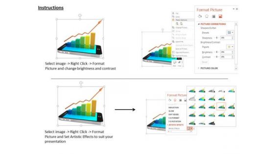 Stock Photo Arrow Growth Bar Graph On Phone Pwerpoint Slide