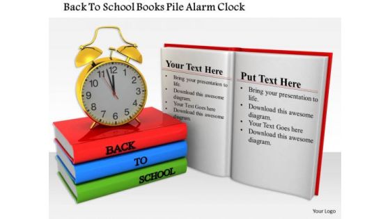 Stock Photo Back To School Books Pile Alarm Clock PowerPoint Slide