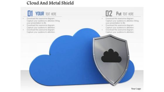 Stock Photo Blue Cloud With Metal Shield Pwerpoint Slide