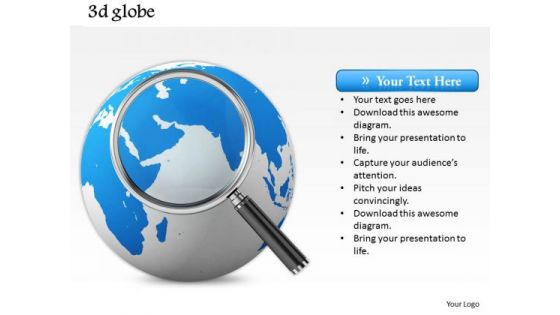Stock Photo Blue Color Globe With Magnifying Glass PowerPoint Slide