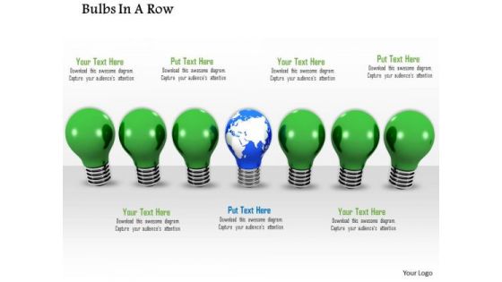 Stock Photo Globe Bulb In Center Of Green Bulbs PowerPoint Slide