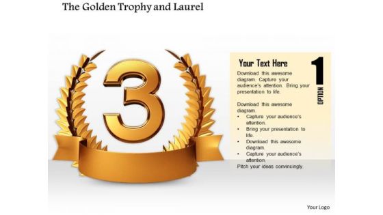 Stock Photo Golden Laurel Trophy For 3rd Rank Pwerpoint Slide