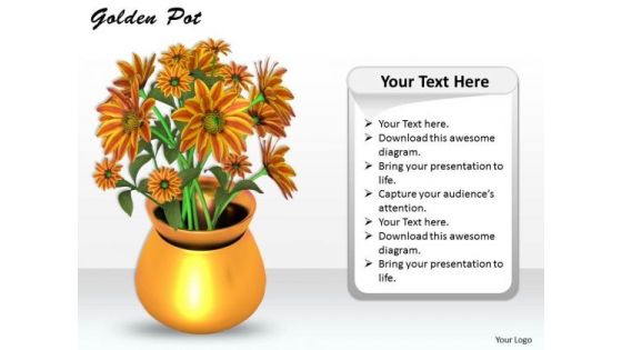 Stock Photo Golden Pot With Flowers On White Background PowerPoint Slide