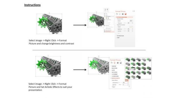 Stock Photo Green Gear Coming Out From Black Gears PowerPoint Slide
