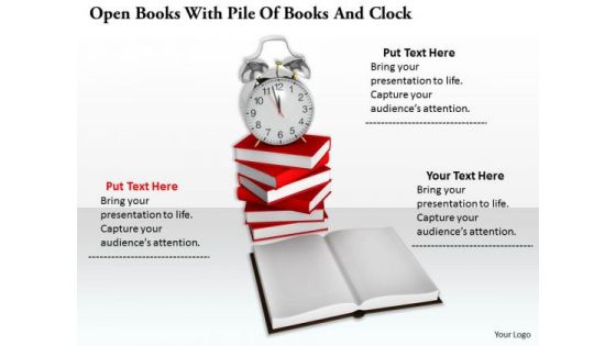 Stock Photo Open Books With Pile Of Books And Clock PowerPoint Slide