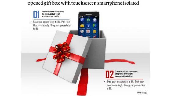 Stock Photo Opened Gift Box With Touchscreen Smartphone PowerPoint Slide