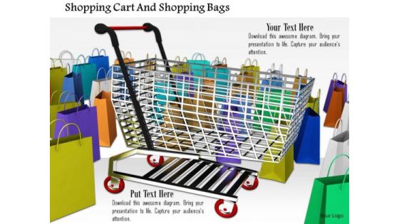 Stock Photo Shopping Cart And Shopping Bags PowerPoint Slide