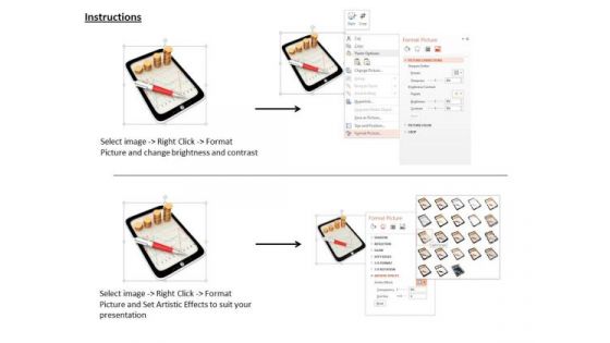 Stock Photo Tab With Coins Graph And Pen PowerPoint Slide
