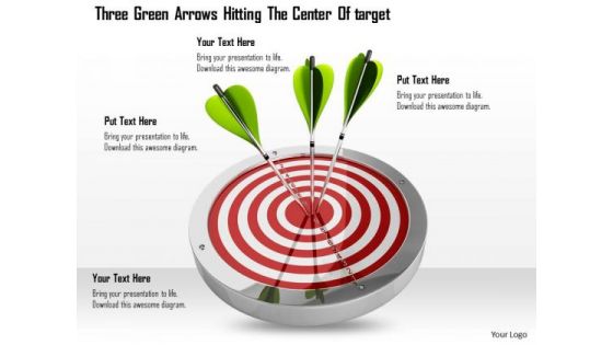 Stock Photo Three Green Arrows Hitting Center Of Target Pwerpoint Slide