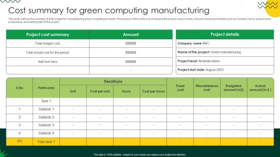 Sustainable Cost Summary For Green Computing Manufacturing