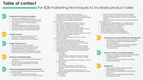 Table Of Contact For B2B Marketing Techniques To Increase Product Sales