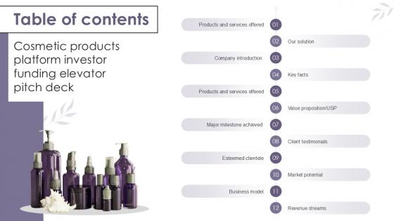 Table Of Contents Cosmetic Products Platform Investor Funding Elevator Ppt Example