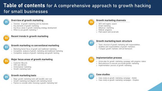 Table Of Contents For A Comprehensive Approach To Growth Hacking For Small Businesses MKT SS V
