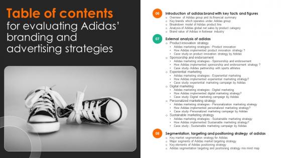 Table Of Contents For Evaluating Adidas Branding And Advertising Strategies Strategy SS V