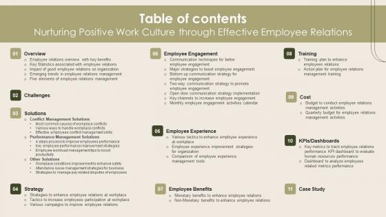 Table Of Contents Nurturing Positive Work Culture Through Effective Employee Relations Diagrams Pdf