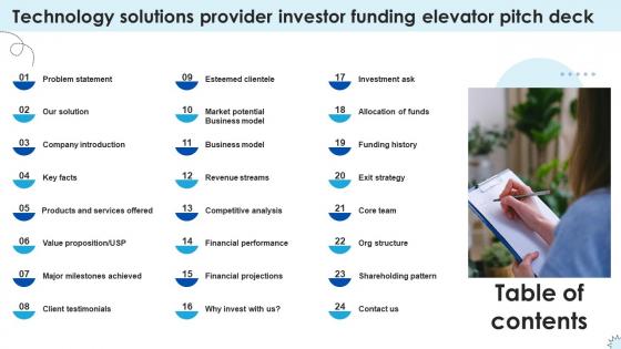 Table Of Contents Technology Solutions Provider Investor Funding Elevator Pitch Deck