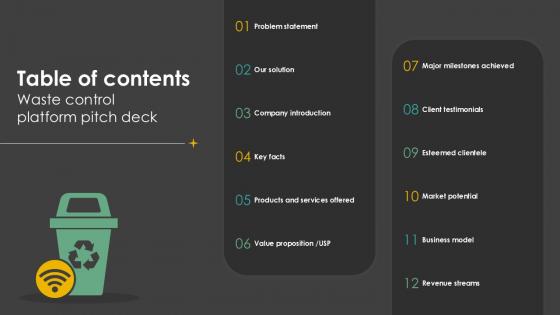 Table Of Contents Waste Control Platform Pitch Deck Ppt Template