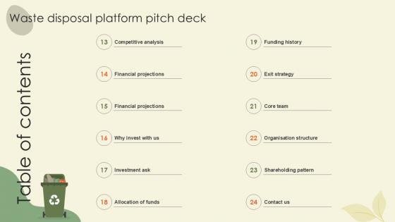 Table Of Contents Waste Disposal Platform Pitch Deck Ppt Example