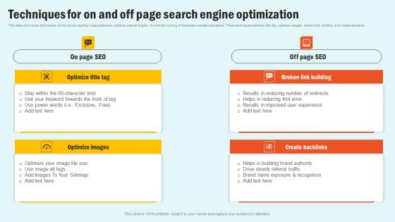 Techniques For On And Off Page Enhancing Website Performance With Search Engine Content Clipart Pdf