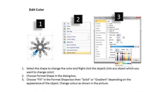 Templates Flow 9 Diverging Arrows Process Model Circular Diagram PowerPoint Slide