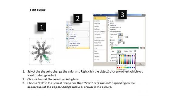 Templates Flow 9 Diverging Arrows Process Model Circular Diagram PowerPoint Slides